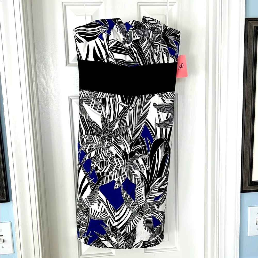 Trina Turk Black and Blue Leaf Print Strapless Dress - NWT